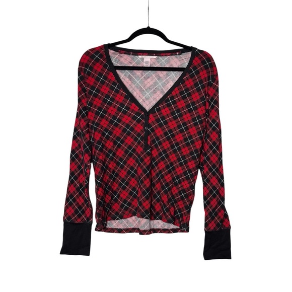 Victoria's Secret Thermal Pajama Top Plaid Red and Black Size Medium Button - Picture 1 of 6